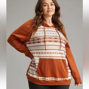 BloomChic Plus Size Boho Print Hooded Drawstring Sweatshirt
